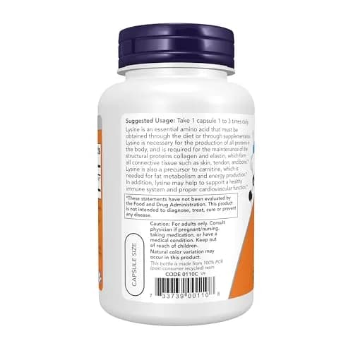 NOW Supplements, L-Lysine 500 mg, Amino Acid, 100 Veg Caps | Supports Collagen & Immune Function thumbnail 3