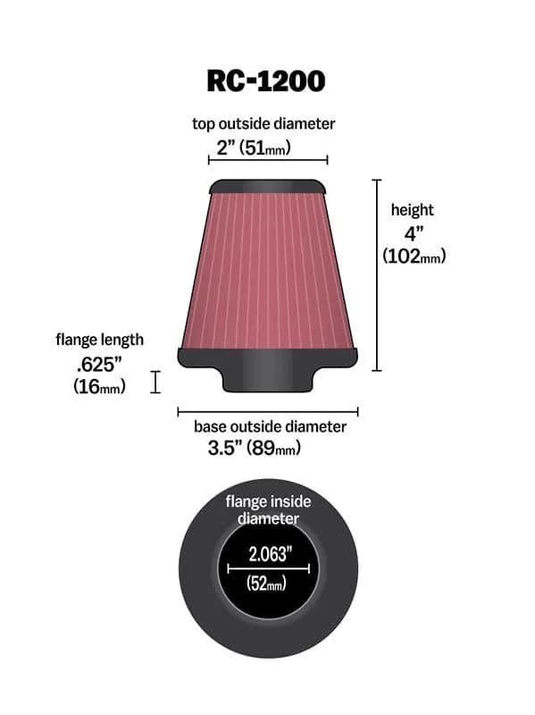 K&N High-Flow Universal Clamp-On Air Filter 2.0625 In Flange Diameter | Reusable, High Performance thumbnail 3