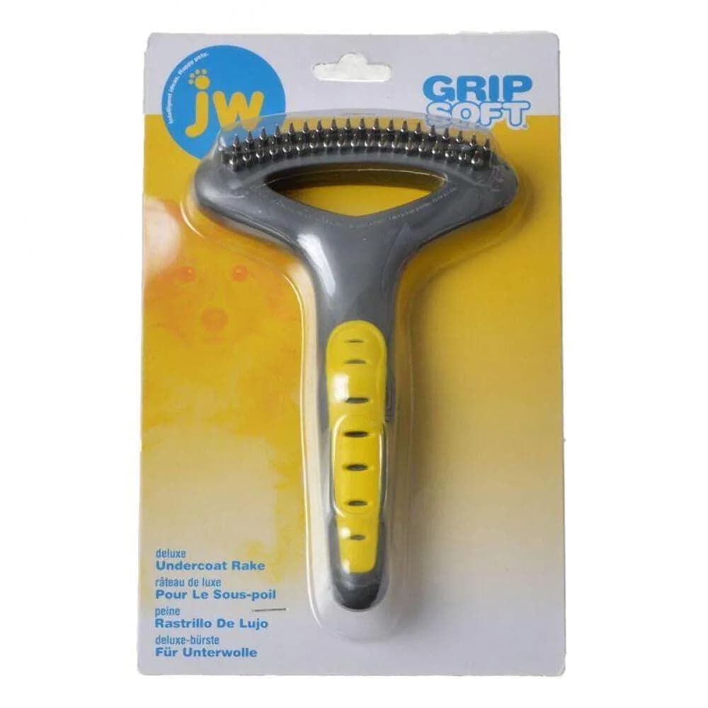 JW Pet GripSoft Double Row Undercoat Rake for Dogs, Deshedding Grooming | Loosens Matted Fur & Removes Shedding Hair — Black, Yellow