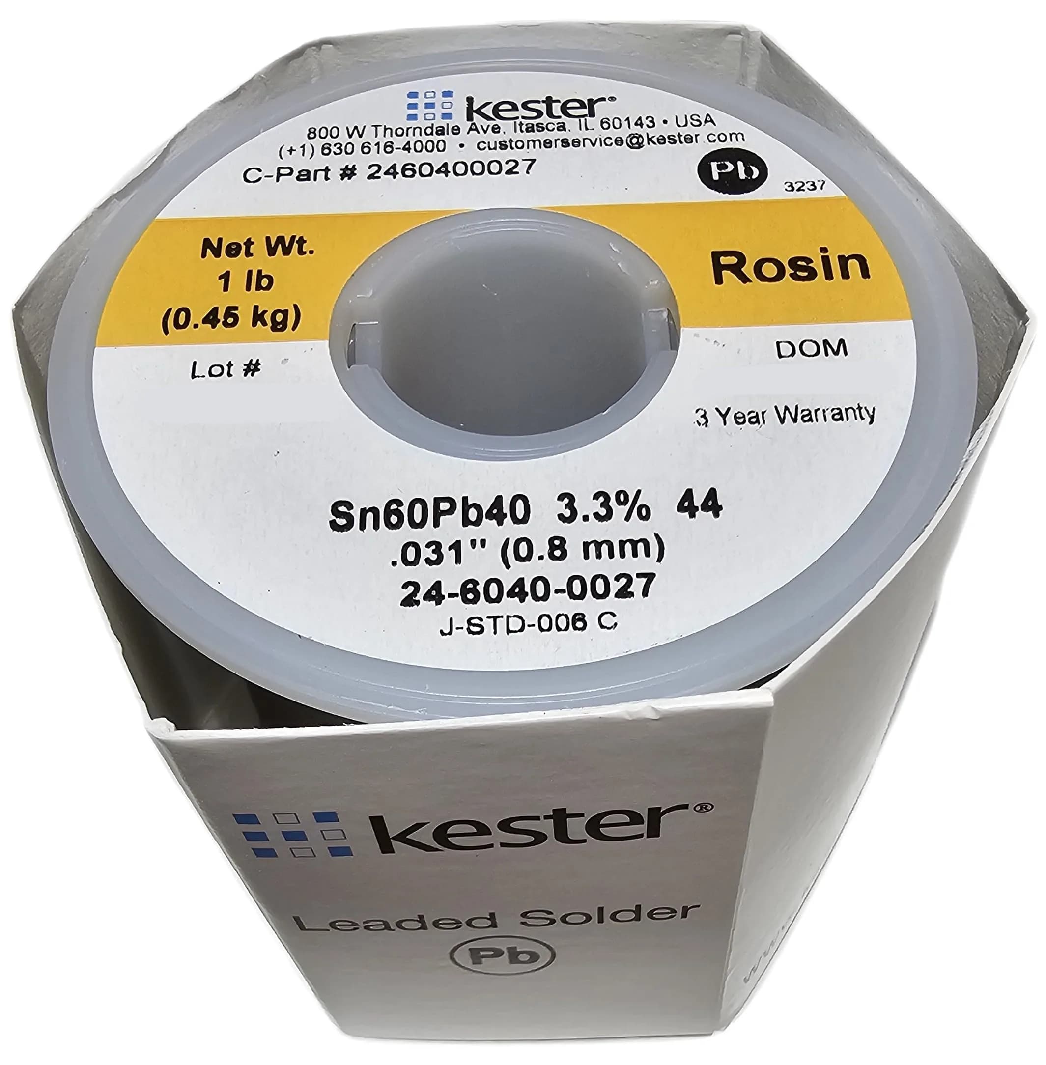 Kester Solder Wire 0.031" (0.80mm) Diameter, 1 lb Spool | High-Quality Electronics Soldering — Kester "Yellow" Label