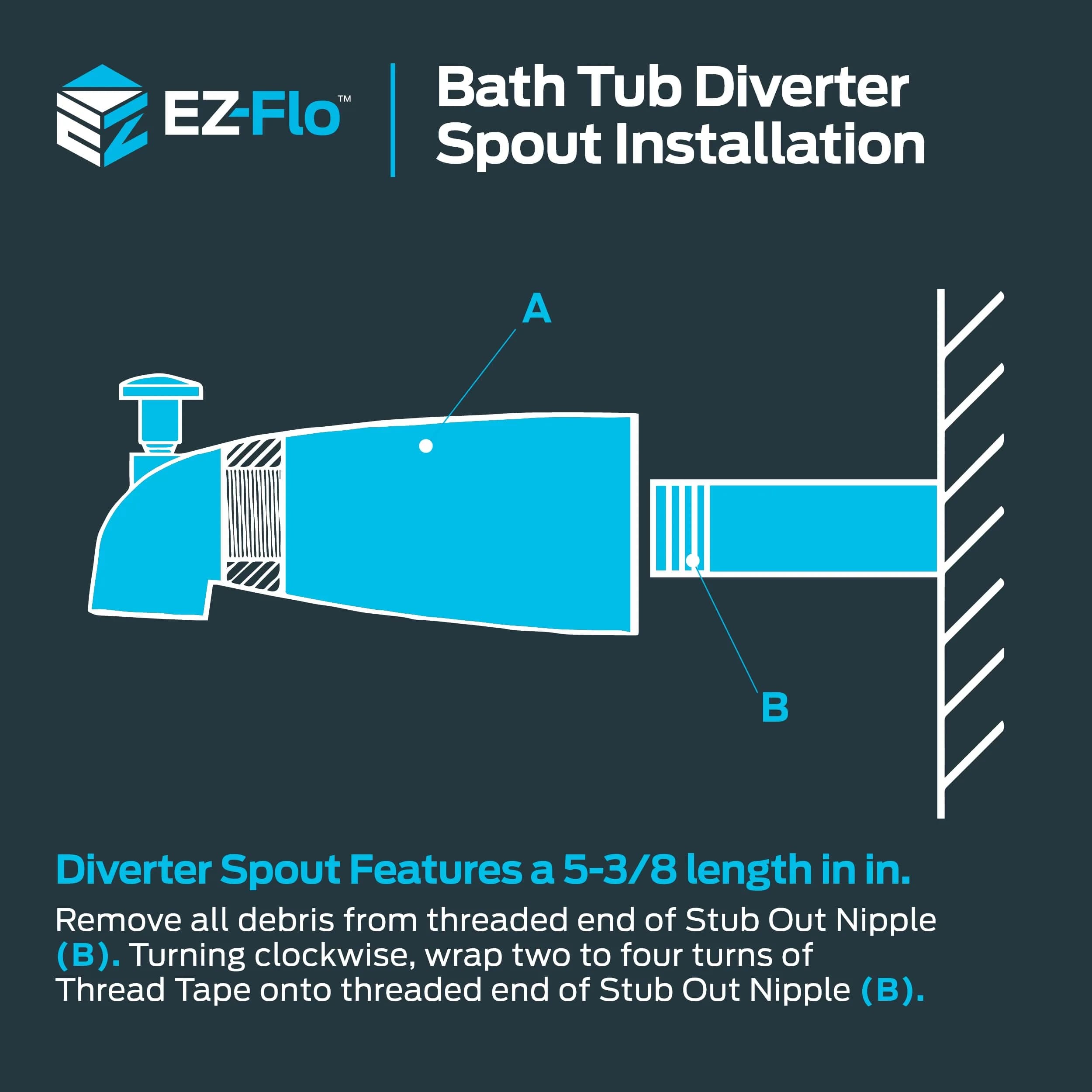 EZ-FLO 5-3/8 Inch Nose Diverter Tub Spout | 13.6 cm (5.35") Zinc with Chrome Finish - view 6