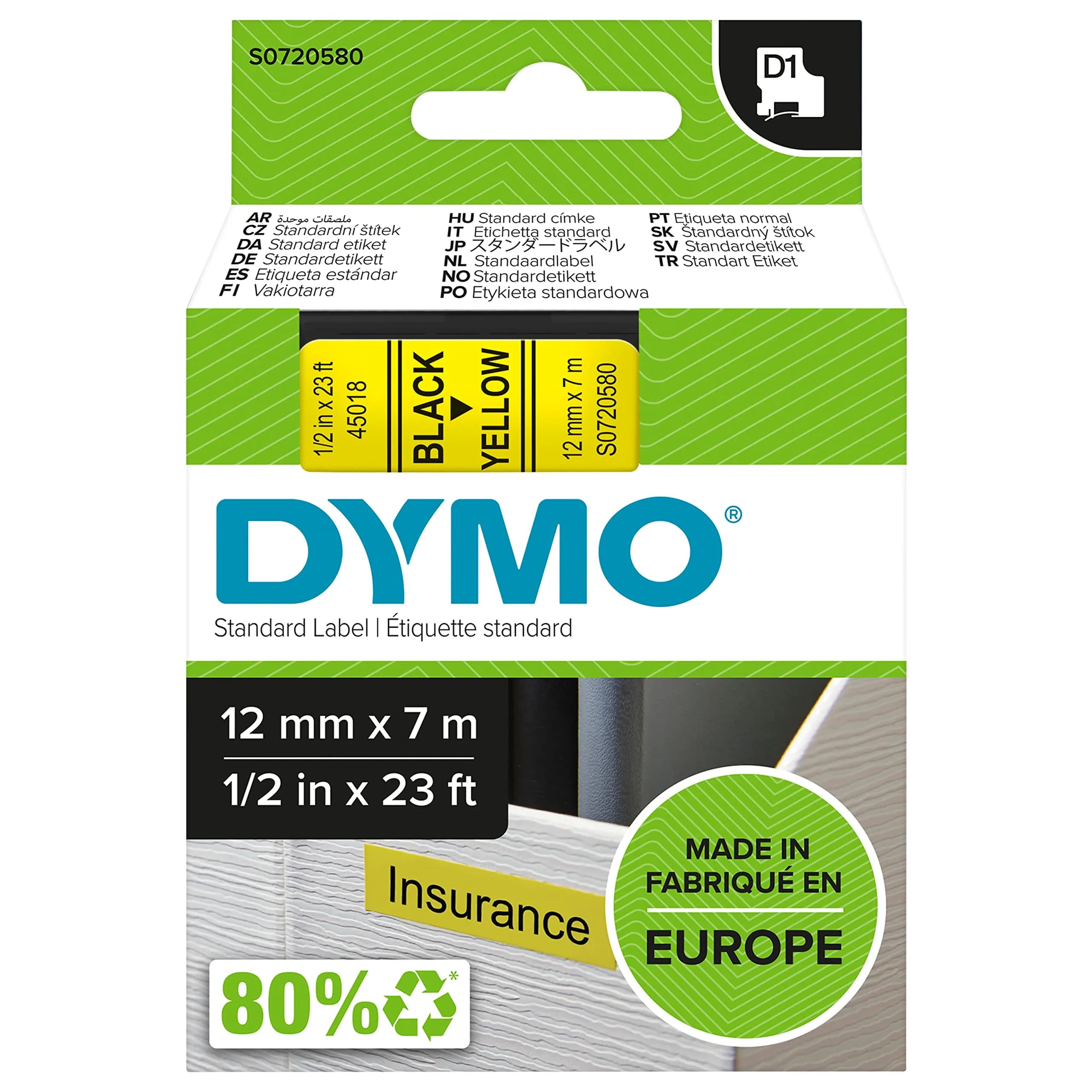 DYMO D1 Standard Label Tape Black on Yellow 12mm x 7m | Compatible with LabelManager Series — Black/Yellow