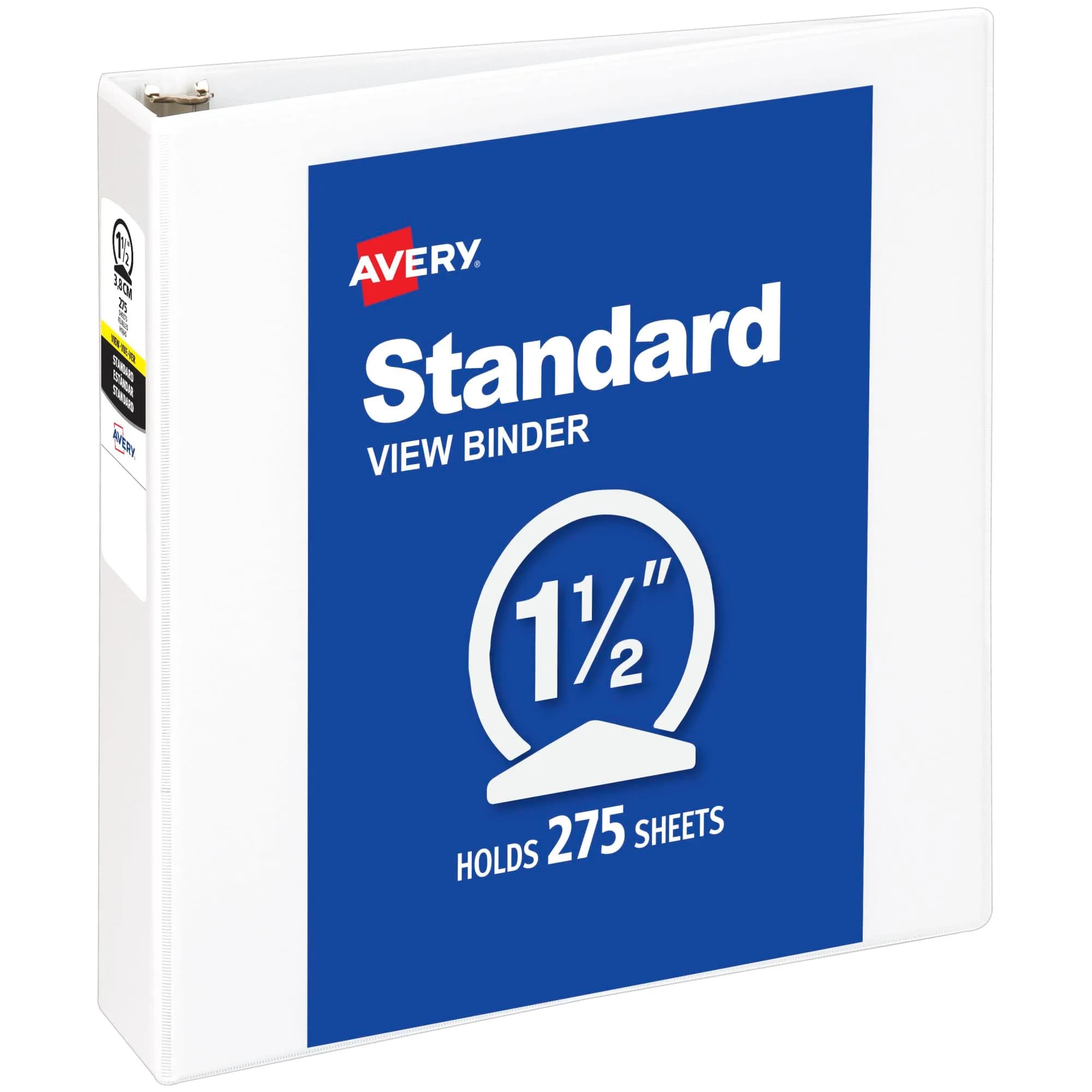 Avery Standard View 3 Ring Binder, 1.5" Round Rings, 275-Sheet Capacity, 2.1" Spine, White | Lightweight Organization & Occasional Referencing - main product image