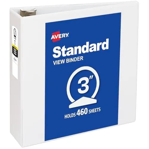 Avery Standard View 3 Ring Binder, 3" Round Rings, 460-Sheet Capacity, 3.5" Wide Spine, White | Bulk Pack Storage Binder thumbnail 1