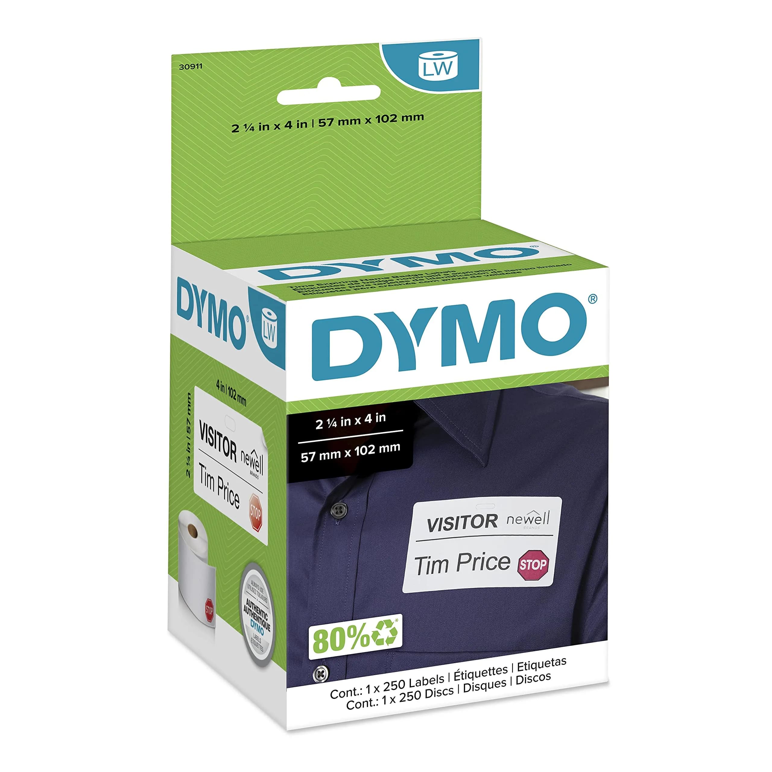 DYMO Authentic LW Name Badge Labels, White, 5.7cm x 10.2cm (2-1/4" x 4") | 12-Hour Expiration Notification Disks - main product image