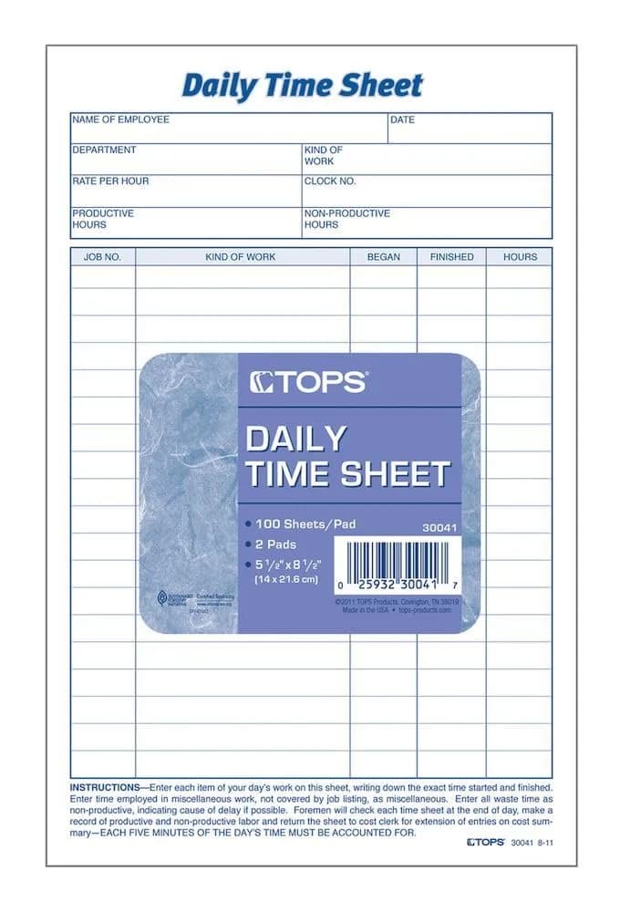 TOPS Daily Employee Time and Job Sheet 21.6 x 24.1 cm (8.5 x 9.5 Inches) | Tracks Daily Work Hours and Project Completion — Gray; White