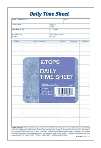 TOPS Daily Employee Time and Job Sheet 21.6 x 24.1 cm (8.5 x 9.5 Inches) | Tracks Daily Work Hours and Project Completion thumbnail 1