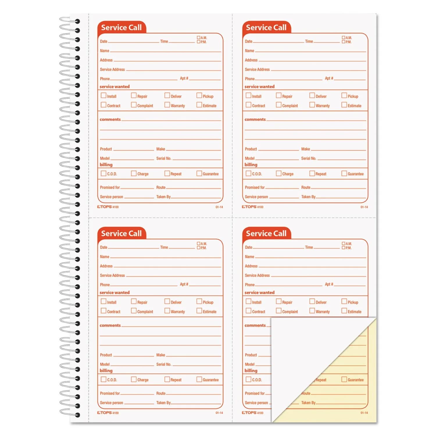 Tops Service Call Correspondence Forms 2-Part Carbonless 8.25x11in | 200 Sets for Small Business - main product image