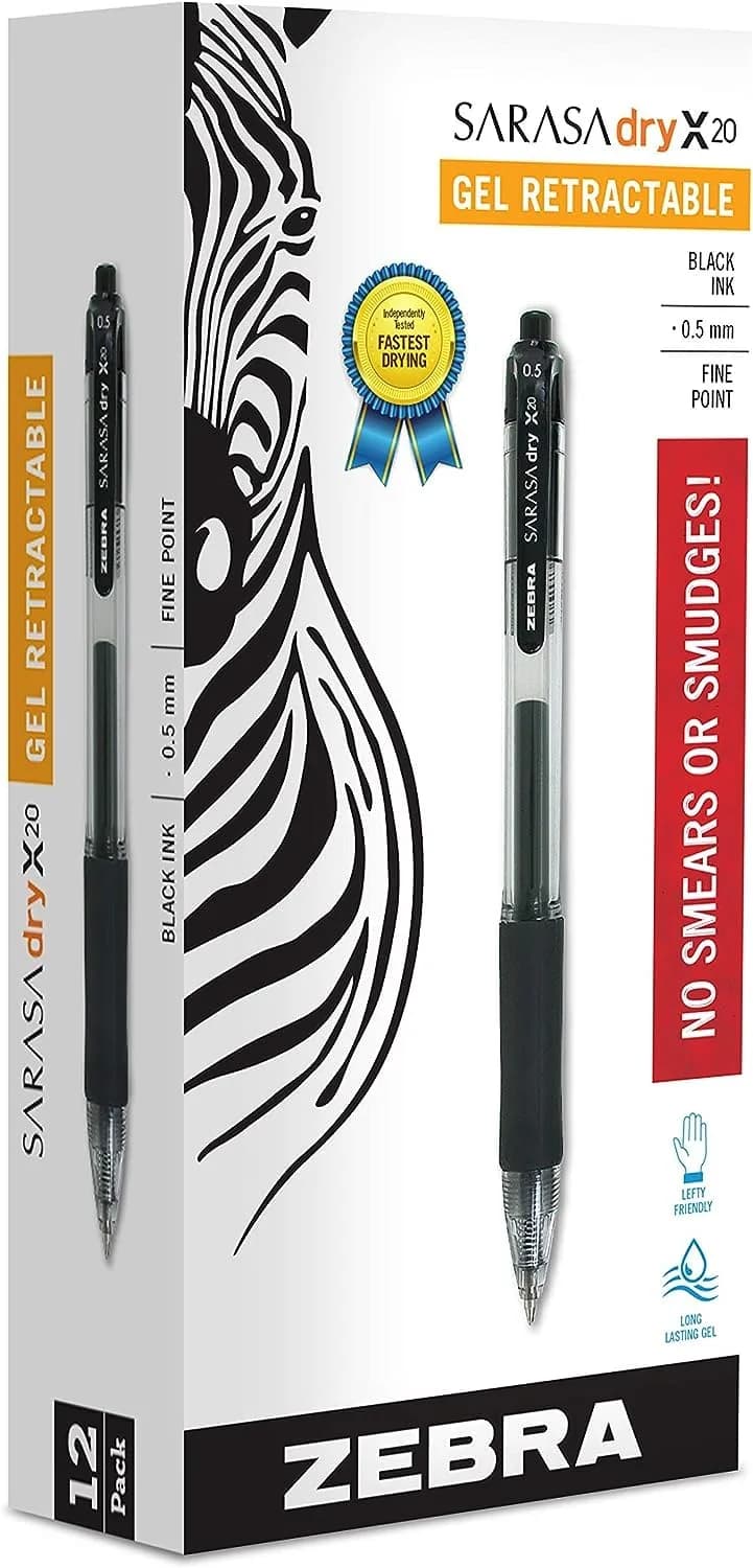Zebra Pen SARASA X20 Retractable Gel Pen 0.5mm | Fast-Dry, Left-Hand Friendly, 12-Pack — Black A