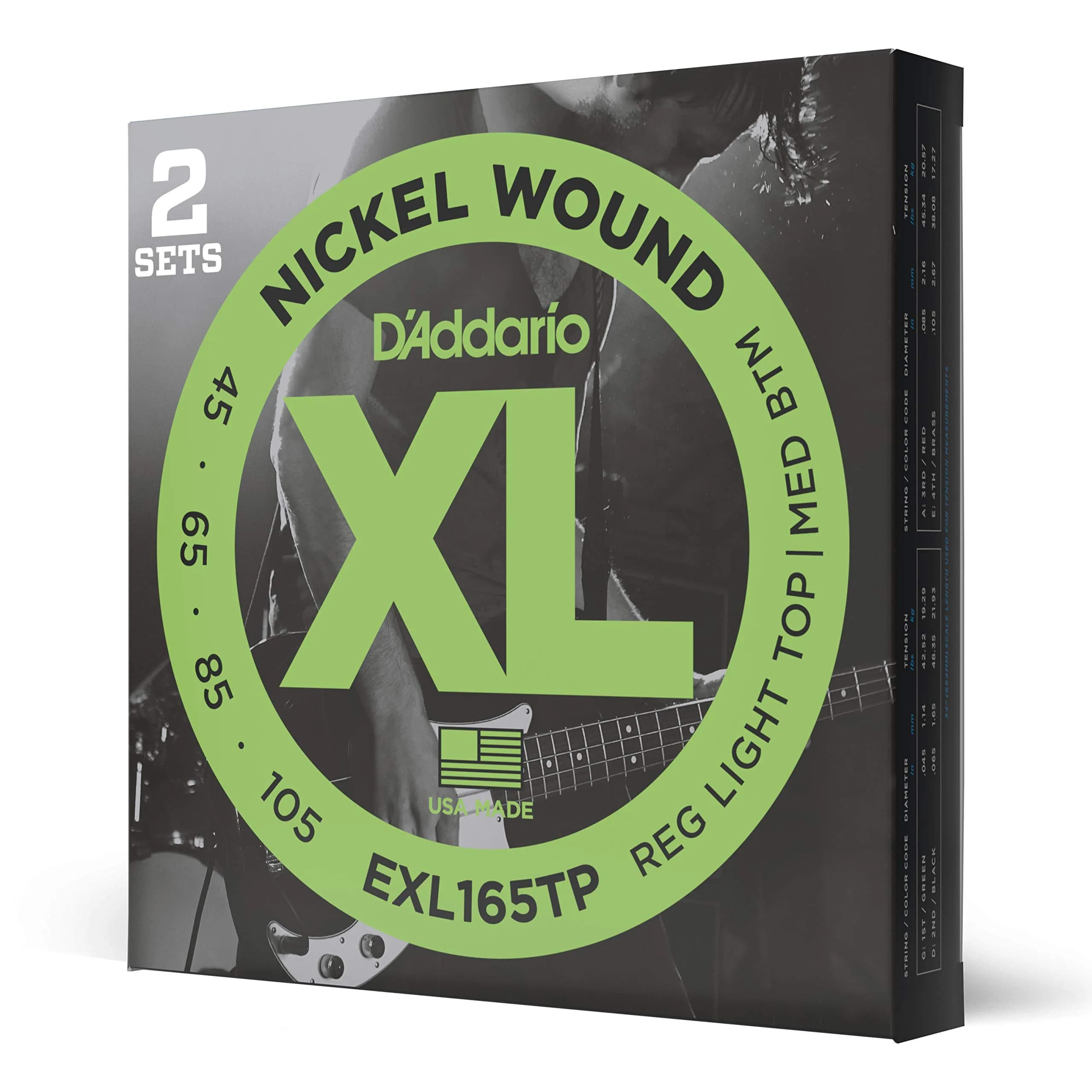 D'Addario XL Nickel Bass Guitar Strings 45-105 (2 Sets, Long Scale) | Bright Tone, Consistent Feel - main product image