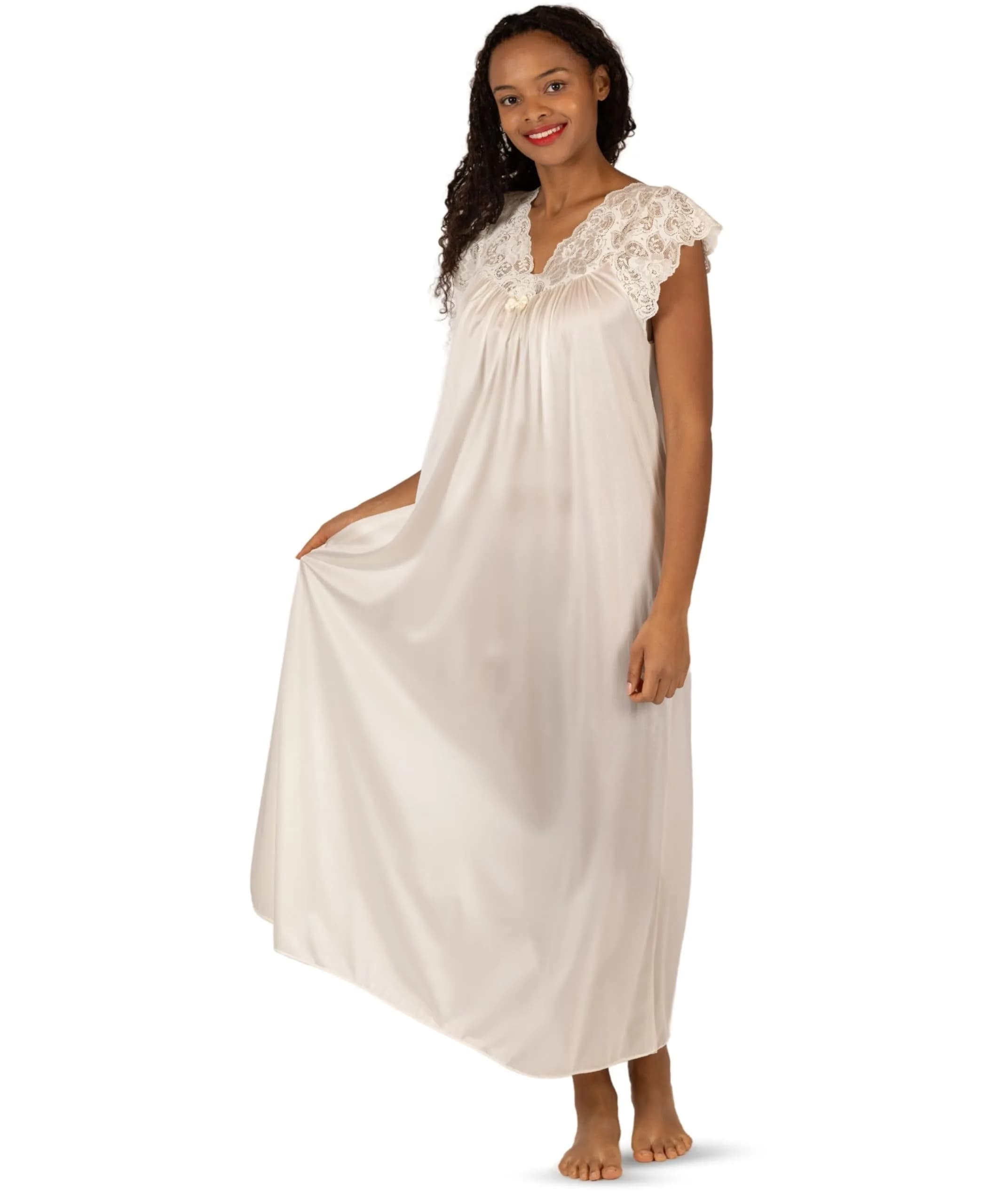 Shadowline Women’s Ivory Long Lace Nightgown | 53" Length Elegant Sleepwear from Satintrique Nylon - main product image