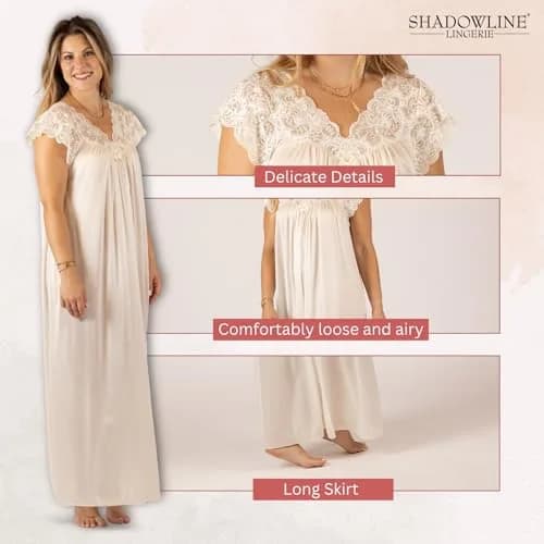 Shadowline Women’s Ivory Long Lace Nightgown | 53" Length Elegant Sleepwear from Satintrique Nylon thumbnail 3