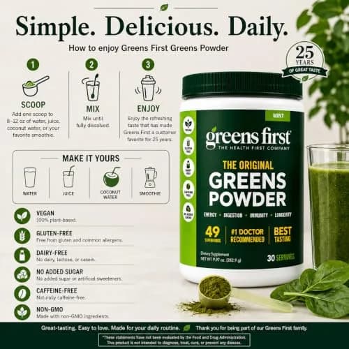 Greens First Original Greens Powder, Mint, 8.96 Ounce (Pack of 1) | 49 Superfoods & Digestive Support thumbnail 6