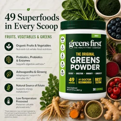 Greens First Original Greens Powder, Mint, 8.96 Ounce (Pack of 1) | 49 Superfoods & Digestive Support thumbnail 3