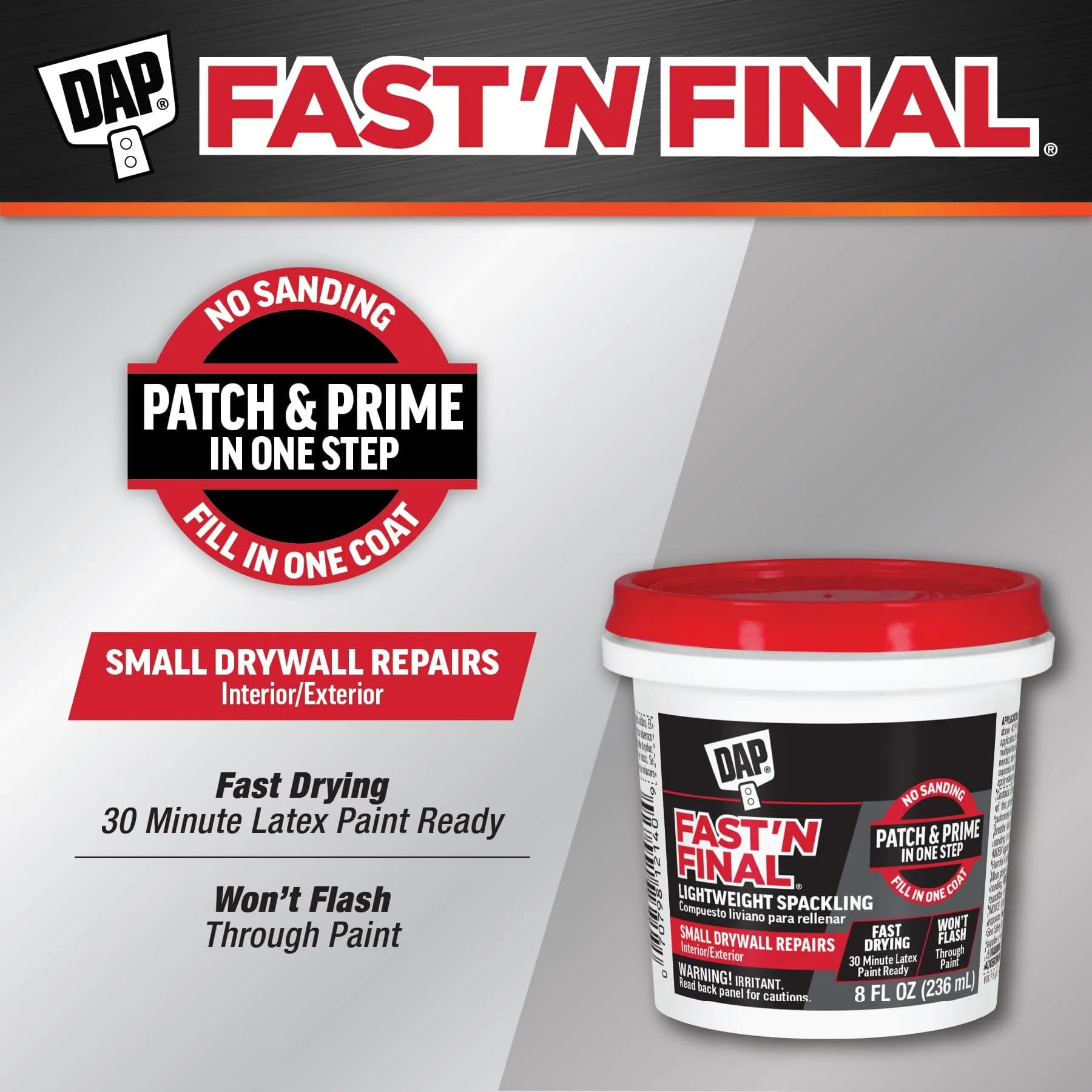 DAP Fast 'N Final Lightweight Spackling Paste White 227 g (8 Oz) | Patch and Prime in One Step - view 2