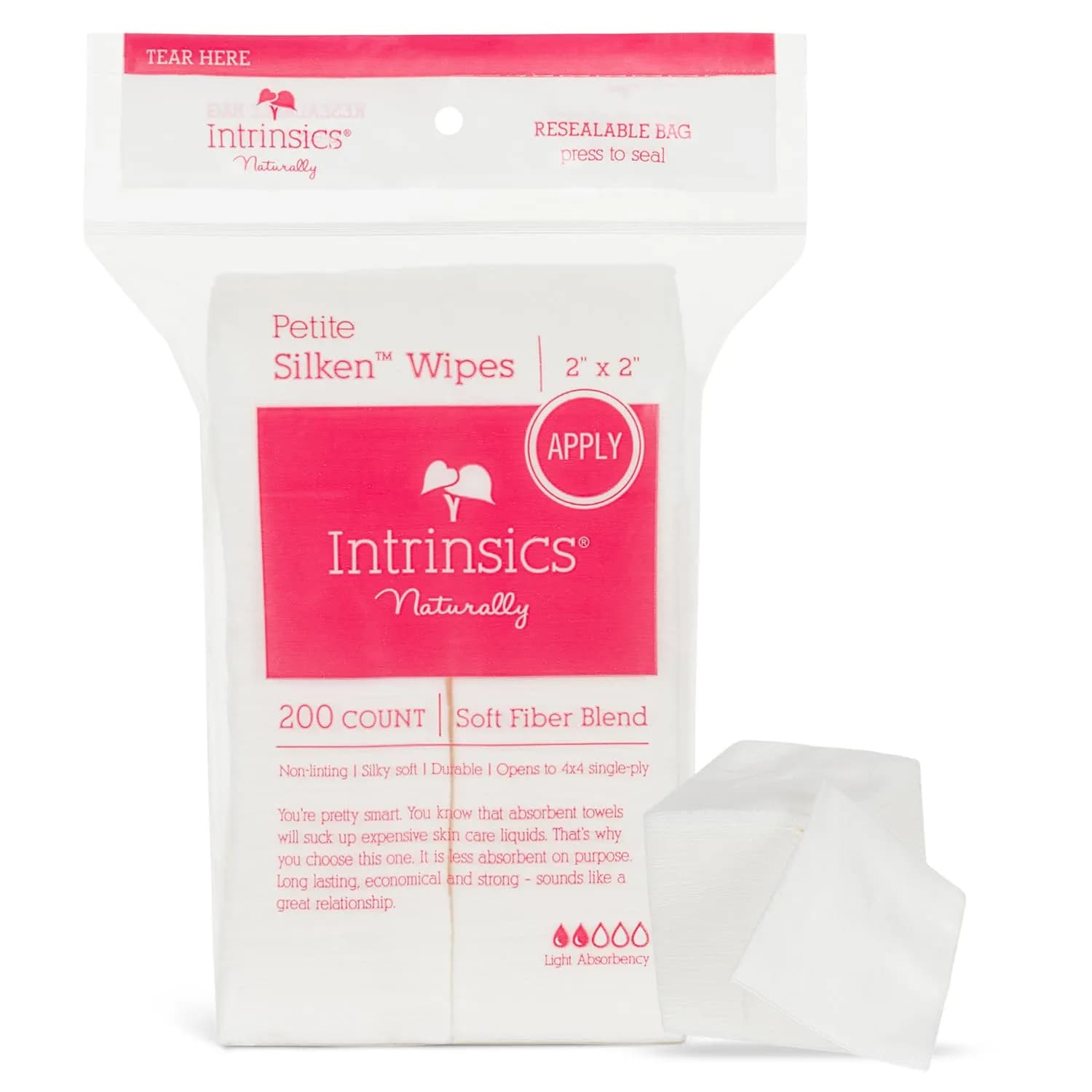 Intrinsics Petite Silken Esthetic Wipes 2x2 Inch (200 Count) | 4-Ply Lint-Free Cotton Pads for Face & Makeup Removal