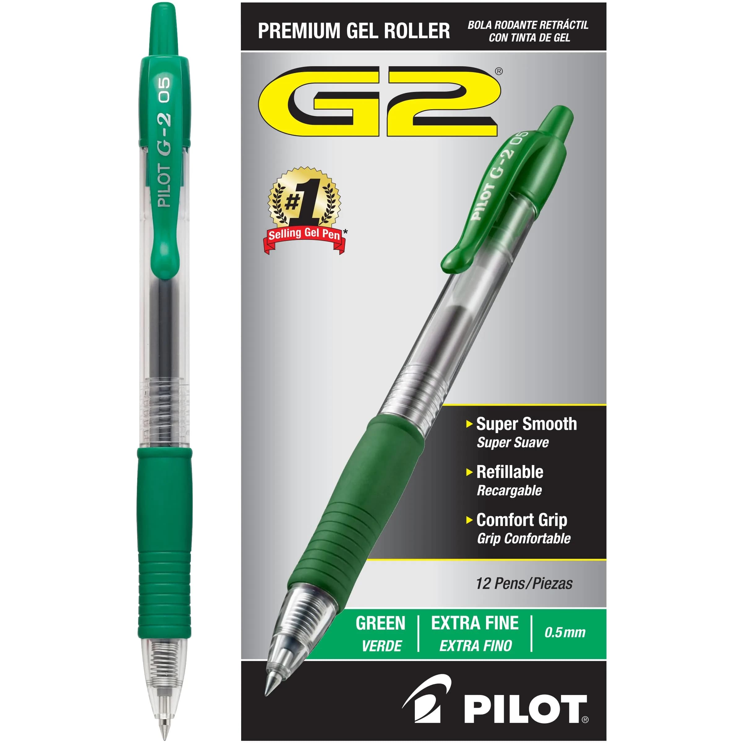 PILOT G2 Premium Gel Roller Pens, Extra Fine Point 0.5 mm, Black Ink, Pack of 12 | Smooth Writing for Students & Office — Green Ink