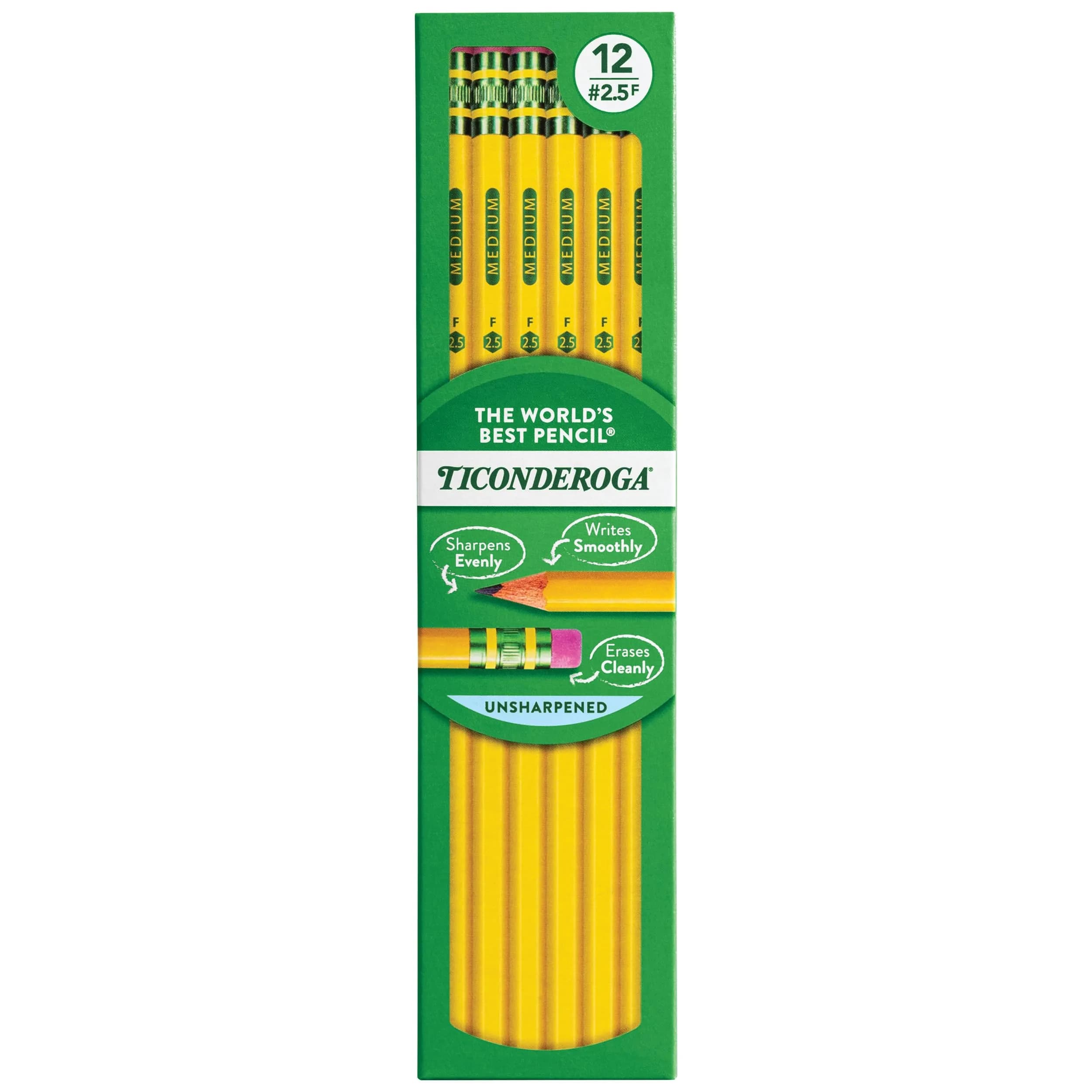 Ticonderoga Wood-Cased Pencils, Unsharpened, #2.5 F Medium, Yellow, 12 Count - main product image