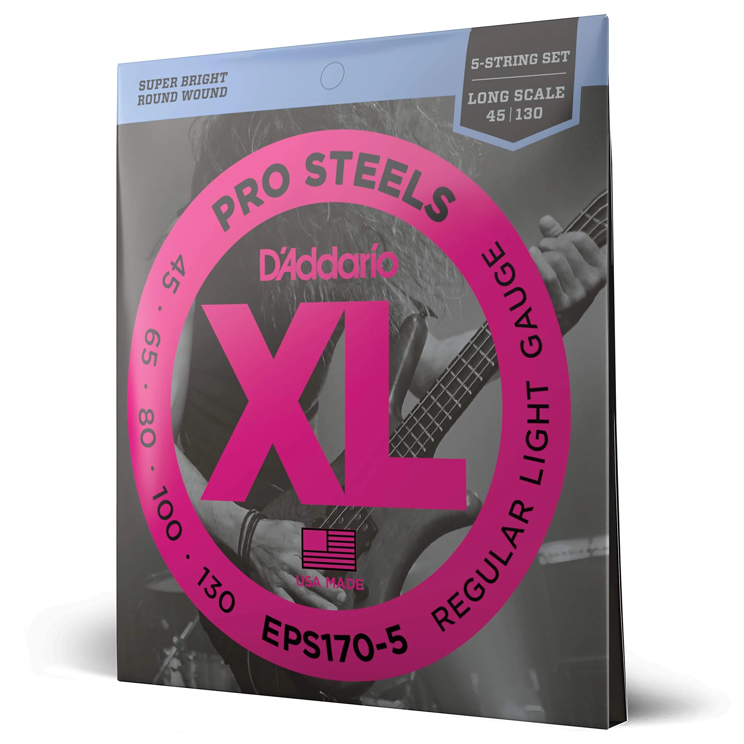 D'Addario XL ProSteels Bass Strings EPS170-5, 45-130, 5-String | Bright Tone, Tight Lows, Durable Steel Performance - main product image