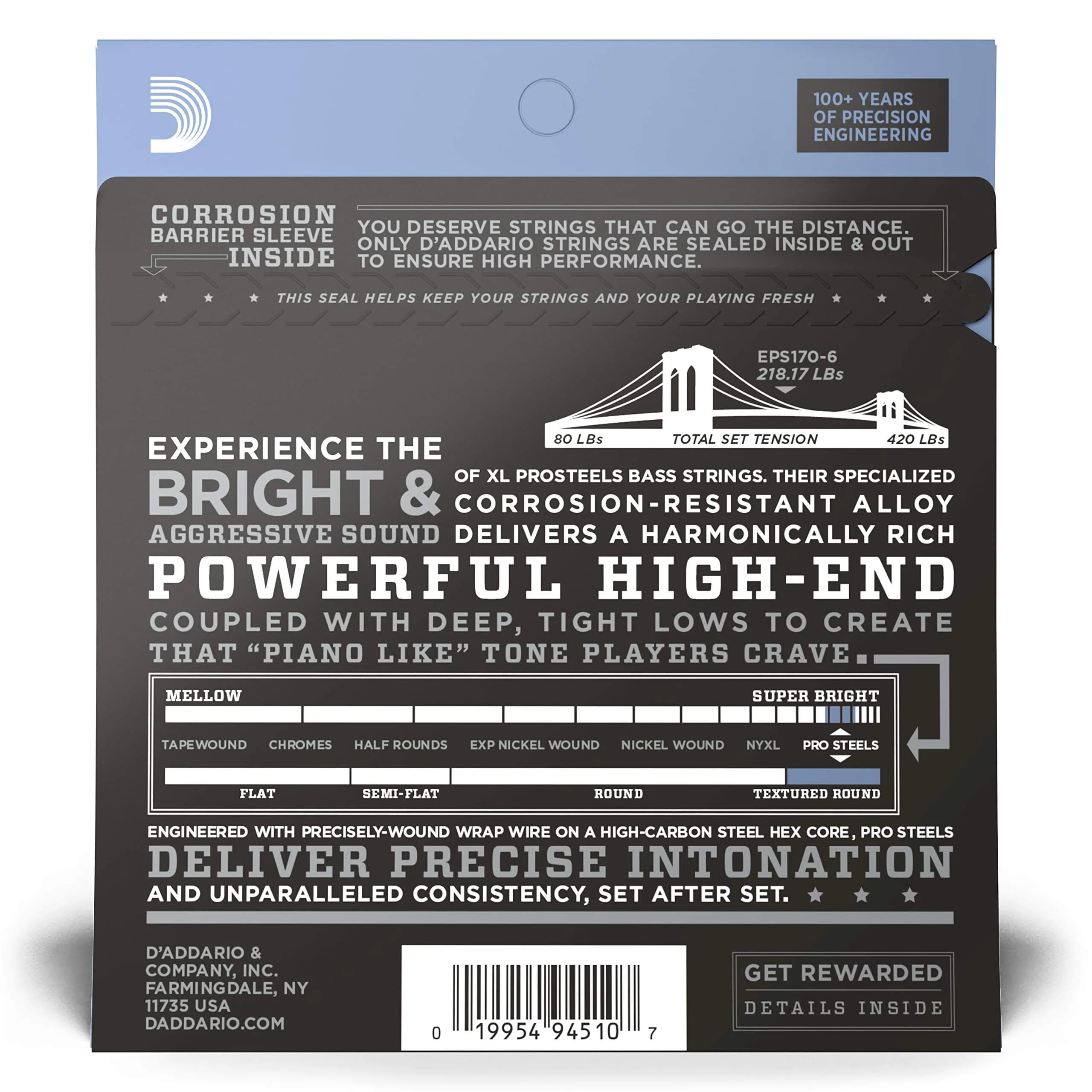 D'Addario XL ProSteels Bass Strings EPS170-6, 32-130, 6-String | Bright Tone, Tight Lows, USA-Sourced - view 2