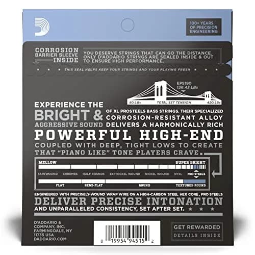 D'Addario XL ProSteels Bass Strings EPS190 Custom Light 40-100 (4-String Set) | Bright Tone & Durable Performance thumbnail 2