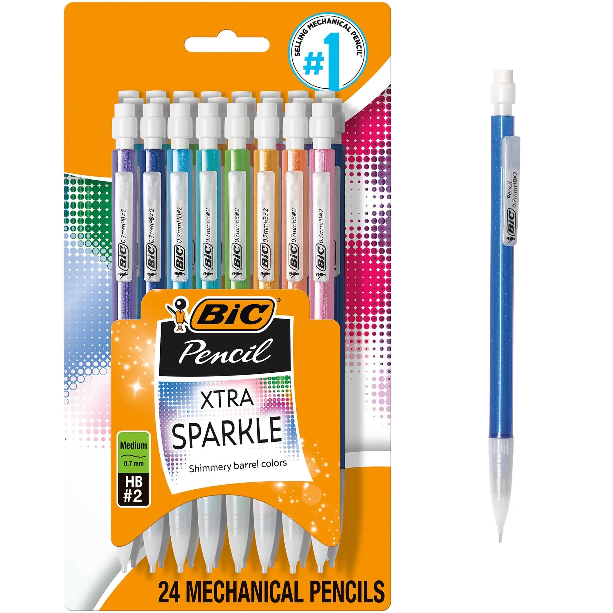 BIC Xtra-Sparkle Number 2 Mechanical Pencils, 24-Count Pack, 0.7mm Point | Smooth Writing, Erasable, Refillable