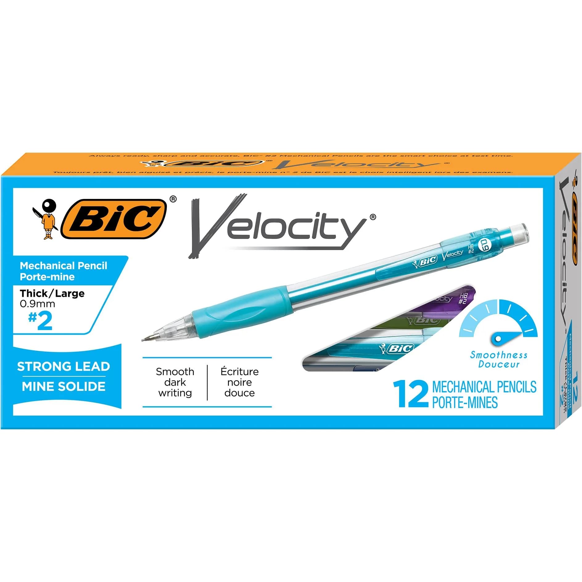 BIC Velocity Strong Lead Mechanical Pencils, 0.9mm Thick Point, 12-Count Pack | Bold Writing for Students & Heavy Writers — Colorful Barrel, Thick Point (0.9mm) Lead