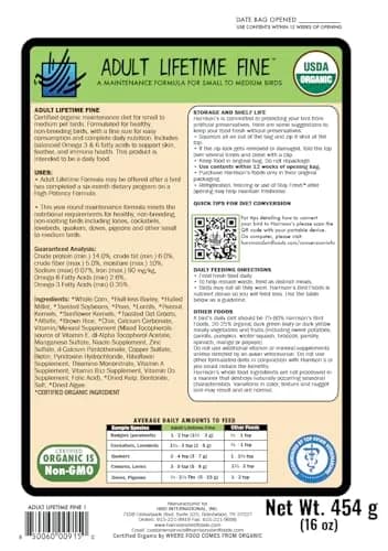 Harrison's Bird Foods Adult Lifetime Fine Certified Organic Non-GMO Formula Bird Food 454g (1lb) | Year-Round Maintenance Nutrition thumbnail 4