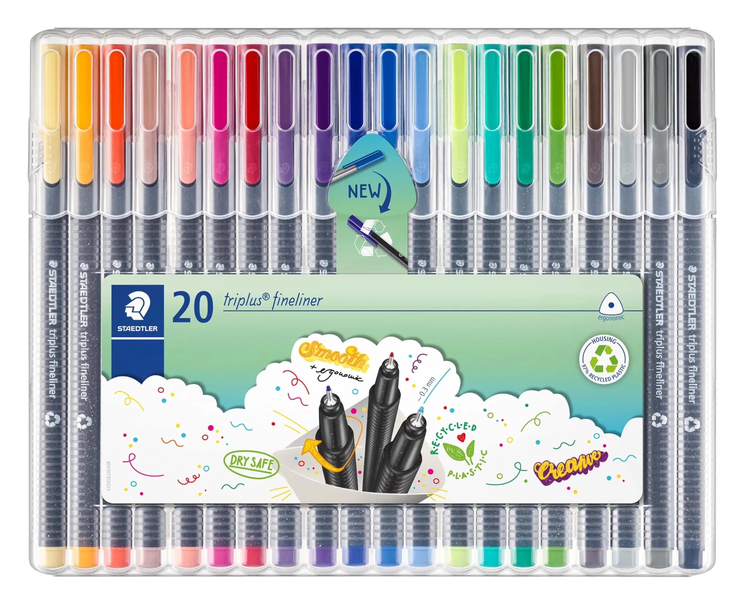 STAEDTLER Triplus Fineliner Pens, 0.3mm, Metal Clad Tip, 20-Pack, Assorted | Fine Metal Tip for Precise Writing