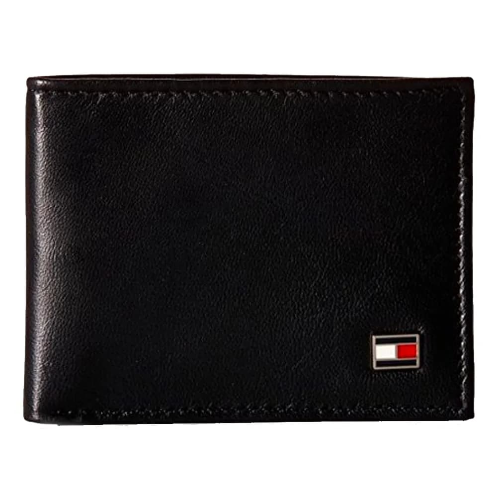 Tommy Hilfiger Men's Slim Bifold Leather Wallet with Removable ID Window | Dark Black, 13.6cm (5.3in)
