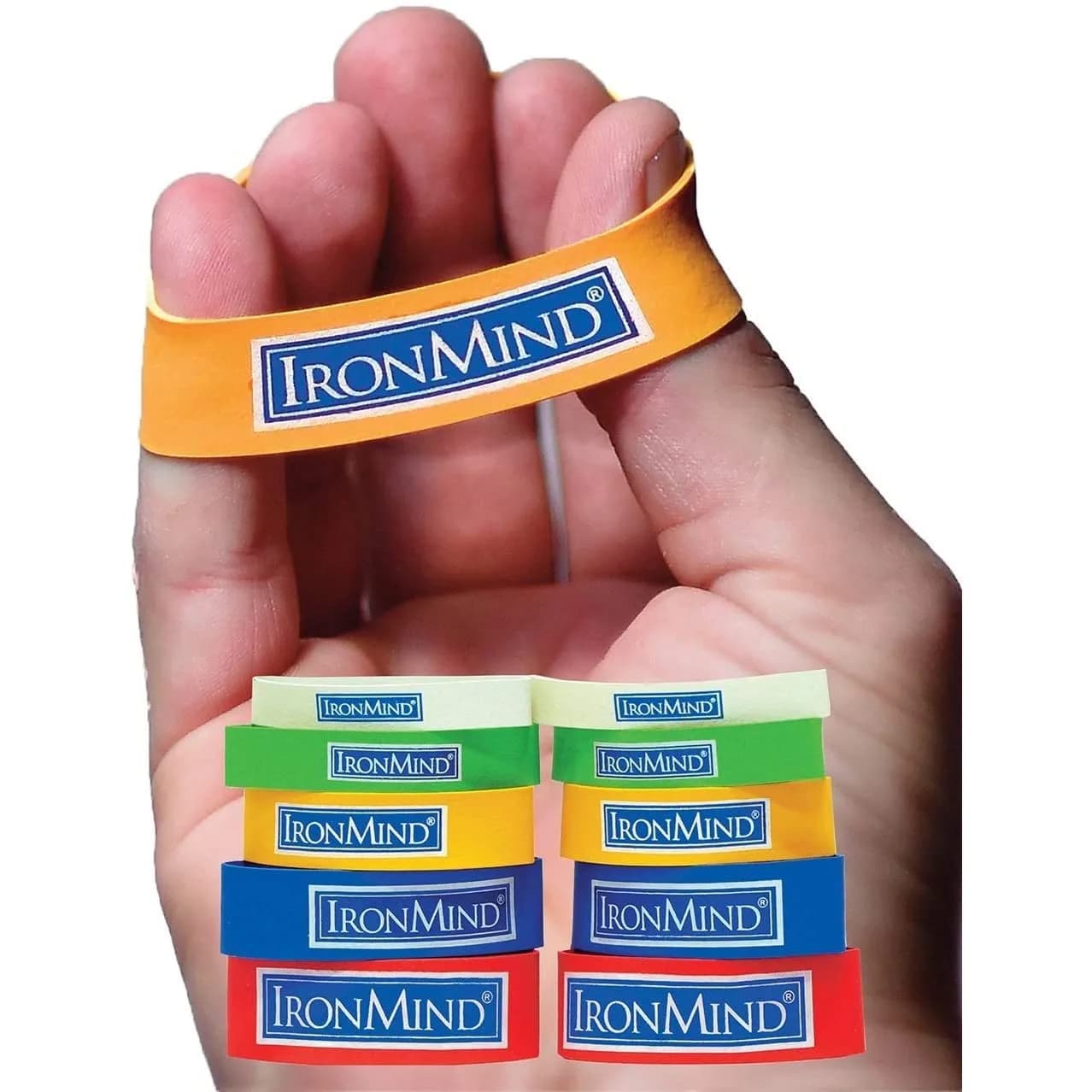 IronMind Expand-Your-Hand Bands 10 Pack (45g / 1.5oz) | Prevent Tennis Elbow & Carpal Tunnel Pain — Red, blue, yellow, green, white