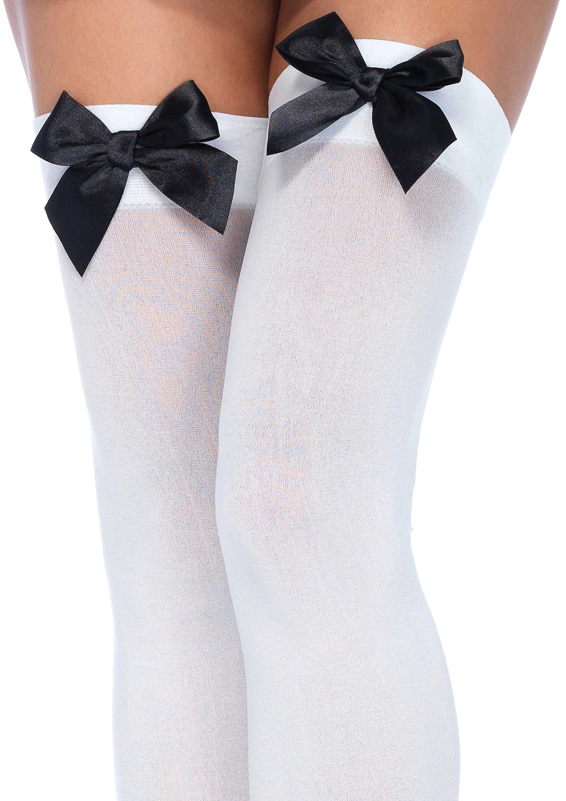 Leg Avenue Womens Satin Bow Accent Thigh Highs, O/S, White/Black thumbnail 2