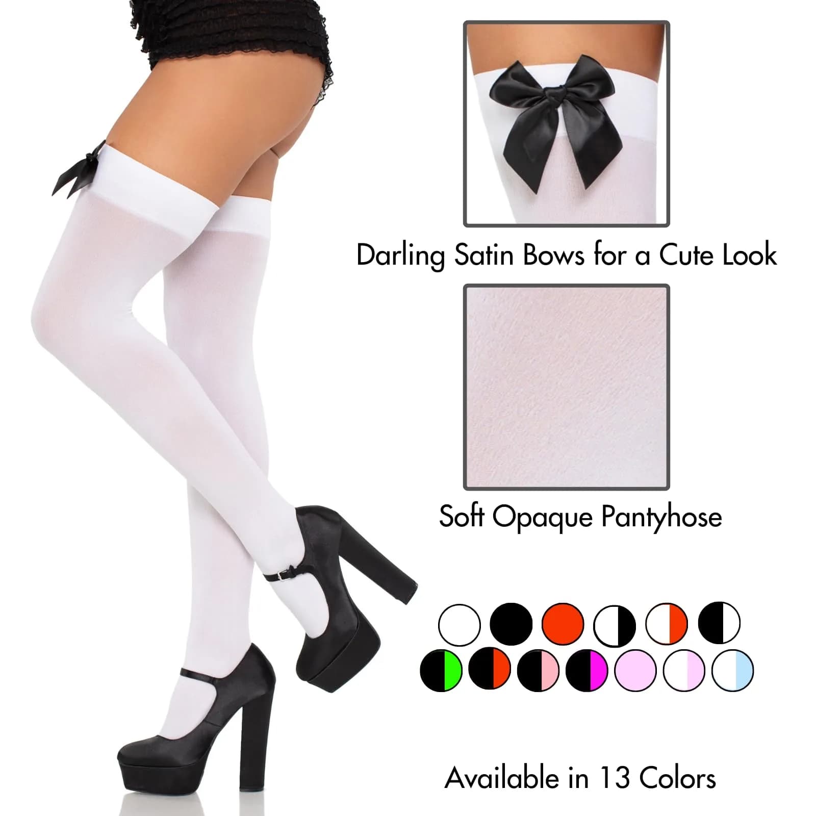 Leg Avenue Womens Satin Bow Accent Thigh Highs, O/S, White/Black thumbnail 4