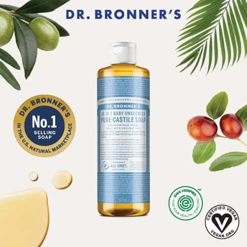 Dr. Bronner's Baby Mild Pure-Castile Liquid Soap Unscented 473ml (16 Fl Oz) | Gentle Hypoallergenic Cleanser thumbnail 2