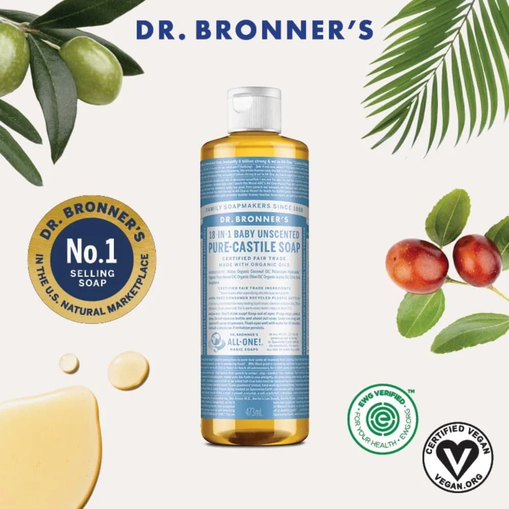 Dr. Bronner's Baby Mild Unscented Pure-Castile Liquid Soap 16 Fl Oz (475ml) | Organic Oils - view 2
