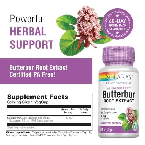 SOLARAY Butterbur Root Extract 50 mg Supplement | 60 Veg Caps for Vascular Smooth Muscle, Respiratory & Urinary Health thumbnail 2