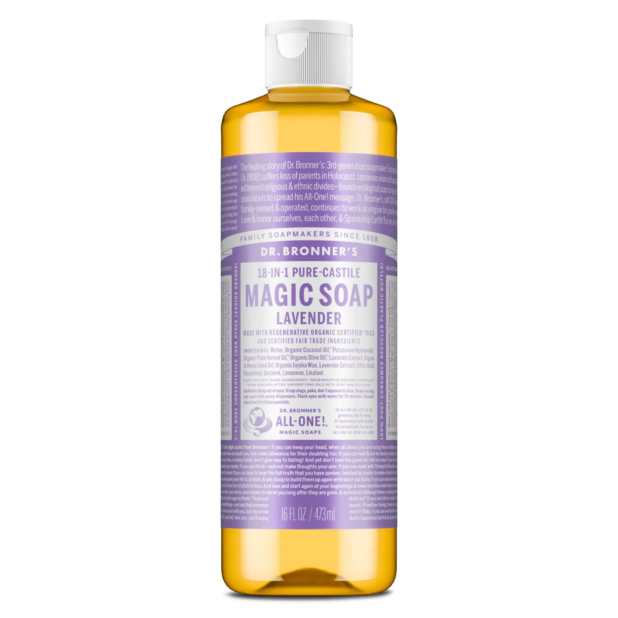 Dr. Bronner's Pure-Castile Liquid Soap Lavender 472ml (16 Fl Oz) | Gentle Organic 18-in-1 Use All-Purpose Cleanser - main product image