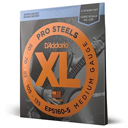 D'Addario XL ProSteels Bass Strings EPS160-5, 50-135 Medium Gauge, 5-String Set | Bright Tone & Tight Lows thumbnail 1