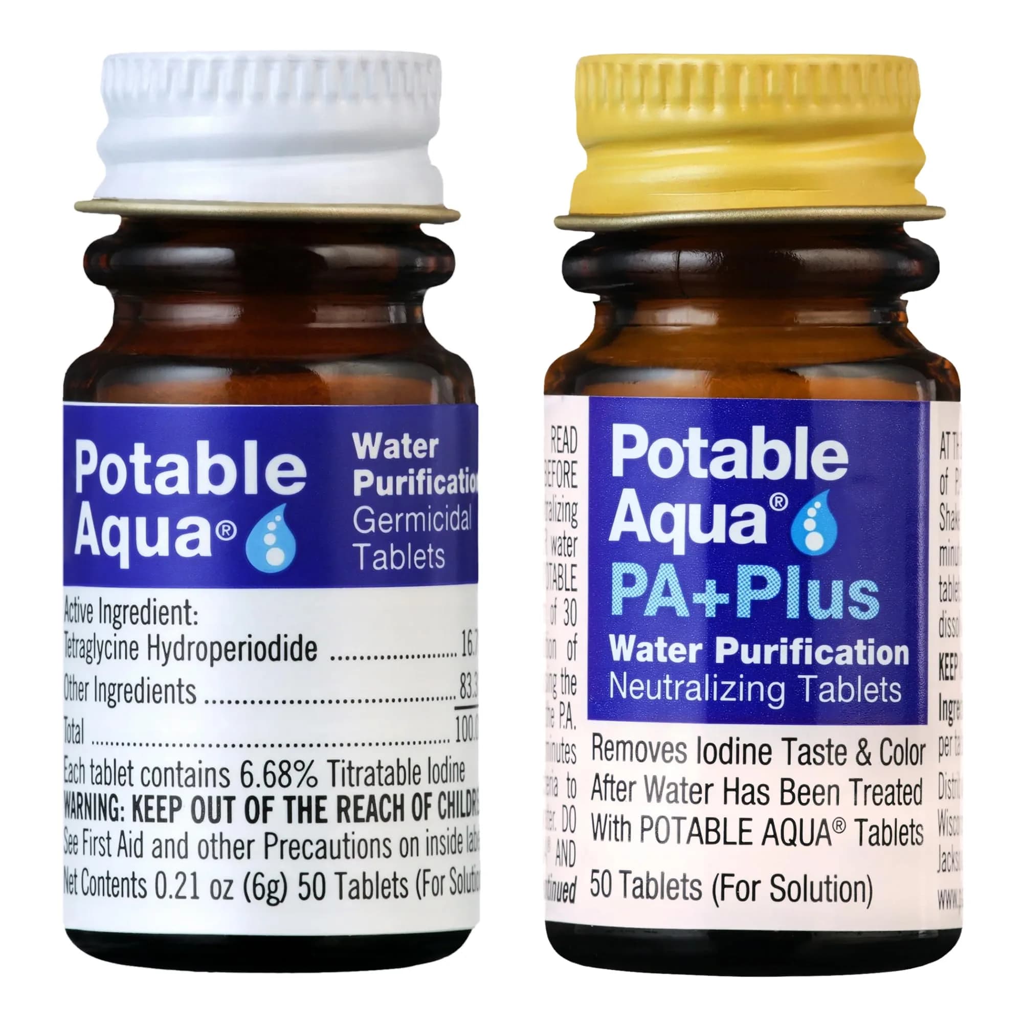 Potable Aqua Water Purification Tablets with PA Plus - 100 Count (50+50) | Disinfects Water for Hiking & Emergencies
