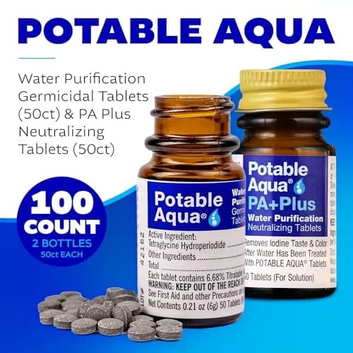 Potable Aqua Water Purification Tablets with PA Plus - 100 Count (50+50) | Disinfects Water for Hiking & Emergencies thumbnail 2