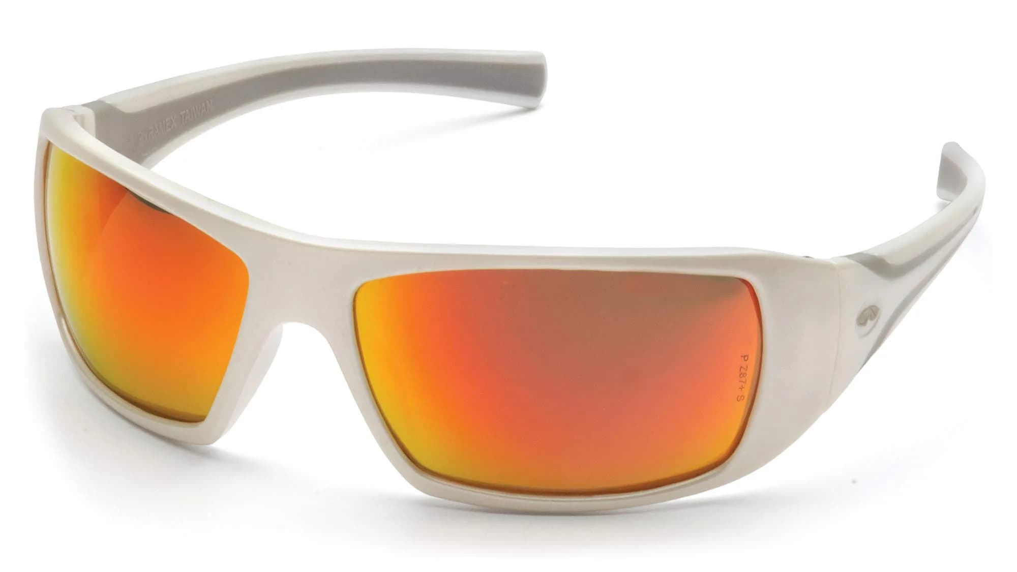 Pyramex Goliath Safety Eyewear White Frame Sky Red Mirror Lens | Impact Resistant Polycarbonate — Sky Red Mirror Lens