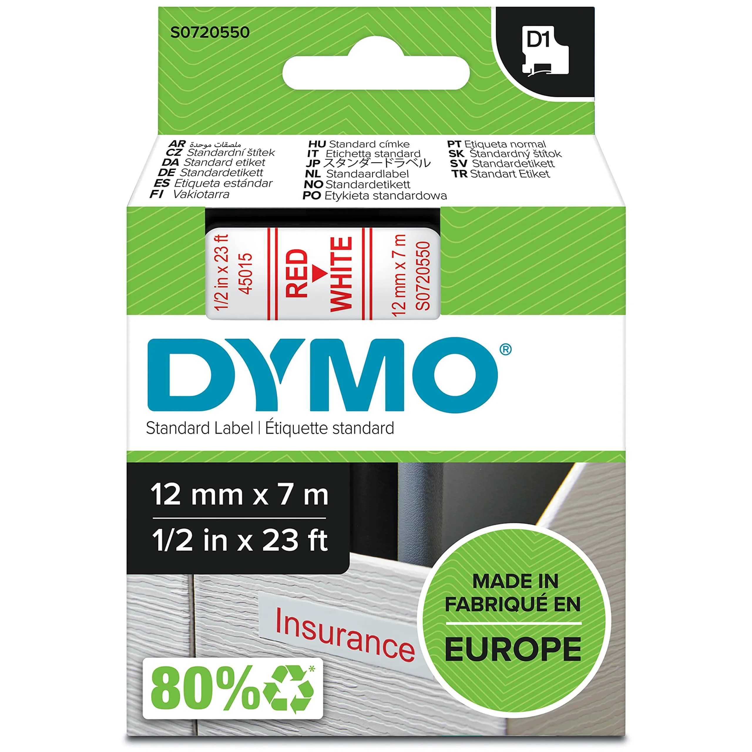 DYMO D1 Label Tape, Red on White, 12mm x 7m Roll | Authentic Belgium-Made Labeling Tape — Standard tape