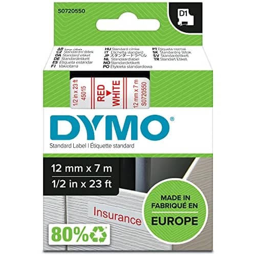 DYMO D1 Label Tape, Red on White, 12mm x 7m Roll | Authentic Belgium-Made Labeling Tape - main product image