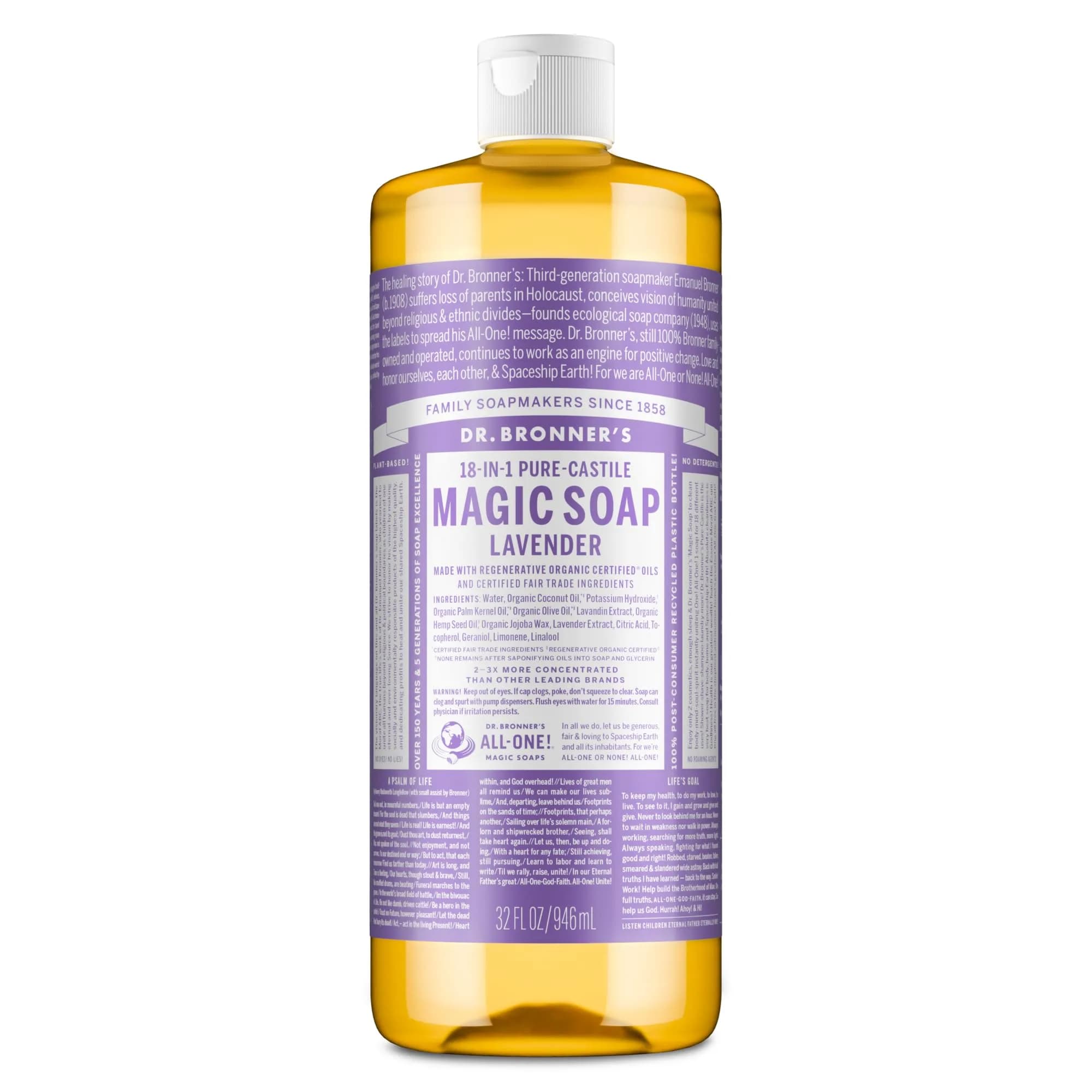 Dr. Bronner's Pure-Castile Liquid Soap Lavender 946ml (32 Fl Oz) | 18-in-1 Uses for Face, Body, Hair, Laundry, Pets & Dishes - main product image