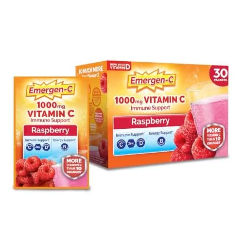 Emergen-C Raspberry 1000mg Vitamin C Powder 30 Packets | Immune Support with Zinc & B Vitamins — Raspberry