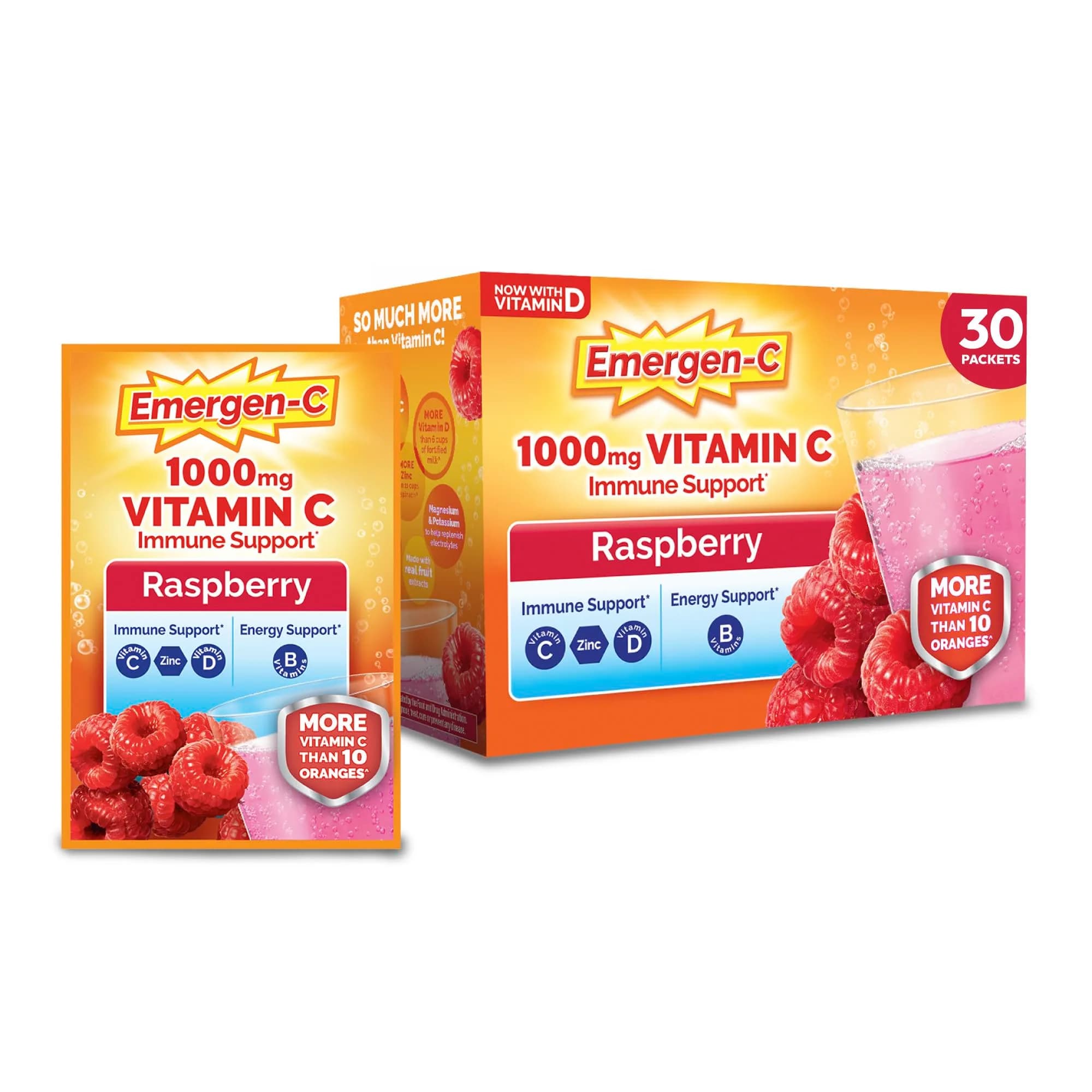Emergen-C Raspberry 1000mg Vitamin C Powder 30 Packets | Immune Support with Zinc & B Vitamins - main product image