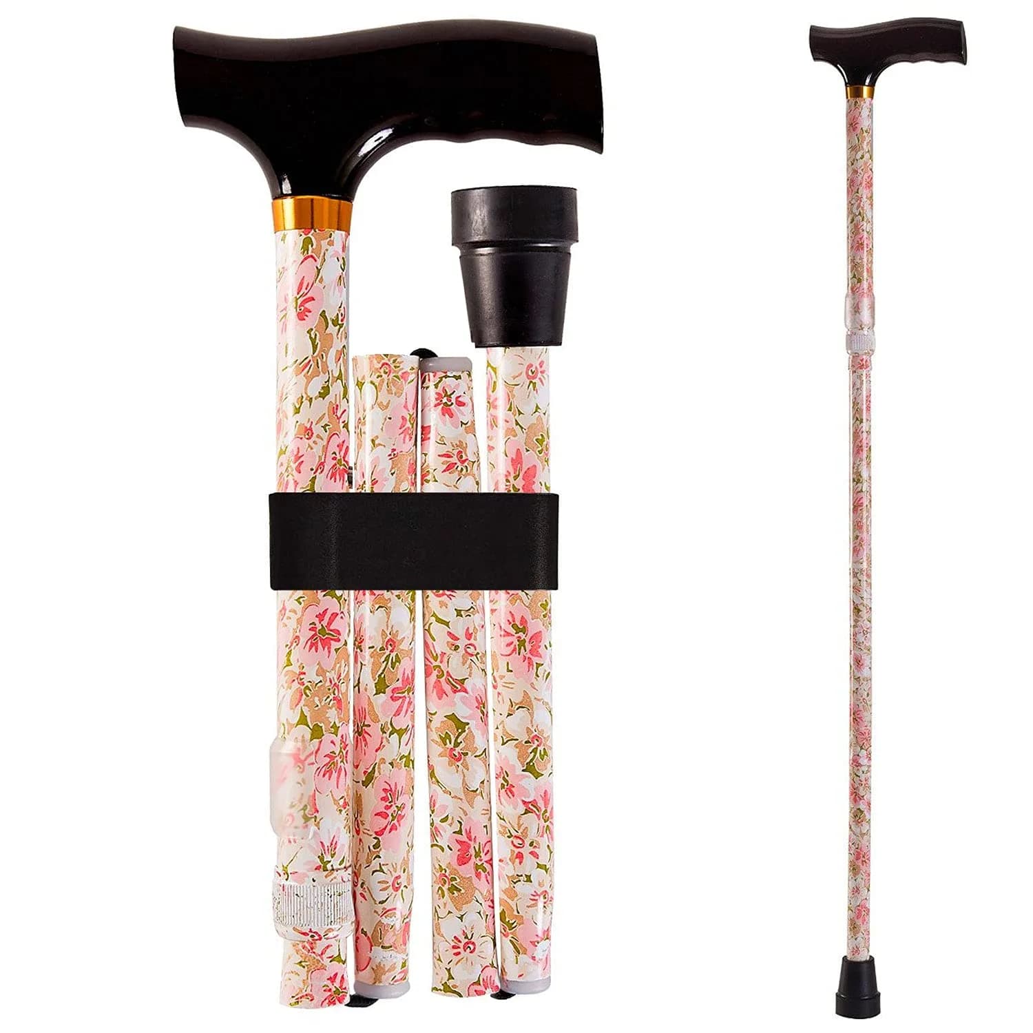 DMI Designer Folding Cane with Ergonomic Wood Handle | Adjustable 33-37 Inch, Floral Pattern, Supports 250 lbs — Floral
