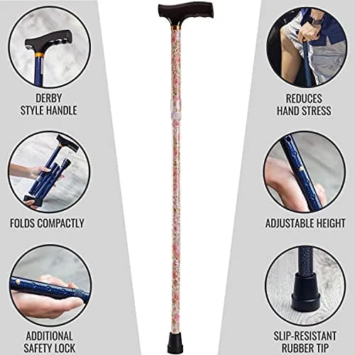 DMI Designer Folding Cane with Ergonomic Wood Handle | Adjustable 33-37 Inch, Floral Pattern, Supports 250 lbs thumbnail 7