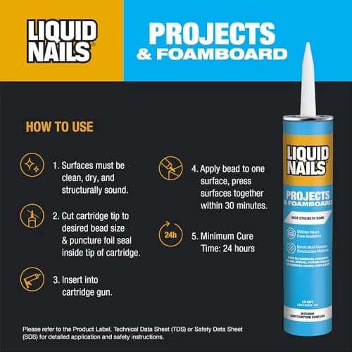 Liquid Nails Projects & Foamboard Adhesive 295ml (10 Fl Oz) | Bonds Foam Insulation, Drywall & Panels thumbnail 3