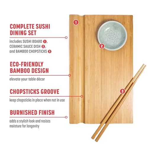 Joyce Chen Bamboo Sushi Board Set 6" x 10.5" | Elegant Bamboo Sushi Platter for Indian Hosts thumbnail 5